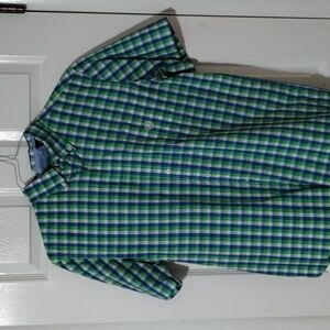Chaps Short sleeve button down green and blue plaid shirt L